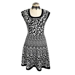 Cadie's Black and White Leopard Print Knit Fit and Flare Mini Dress Grunge Goth
